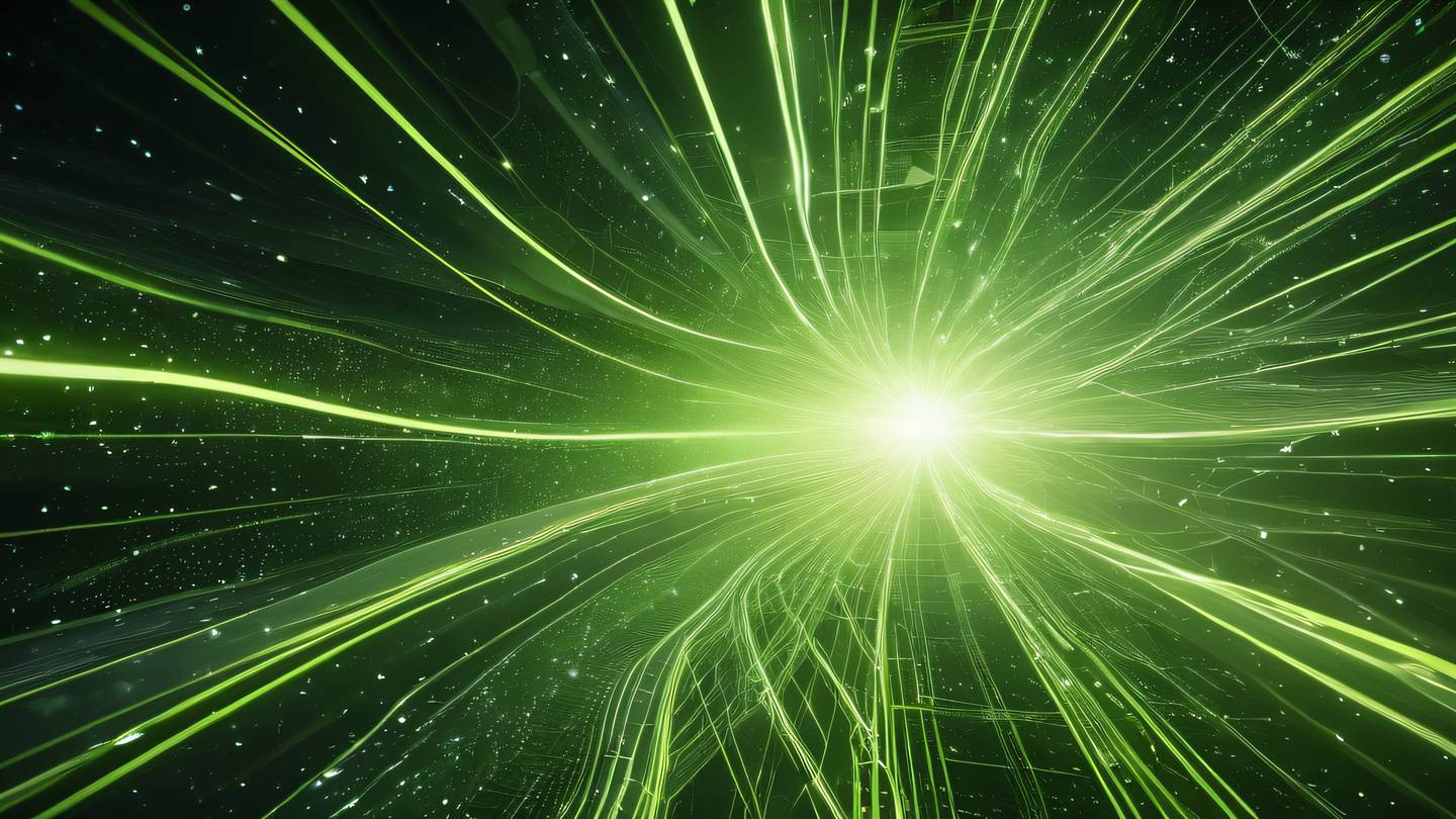 Dynamic network of bright lime and silver energy streams flowing through a celestial environment featuring geometric patterns and data visualization elements high-quality ultra-realistic cinematic 8K UHD high resolution sharp and detail