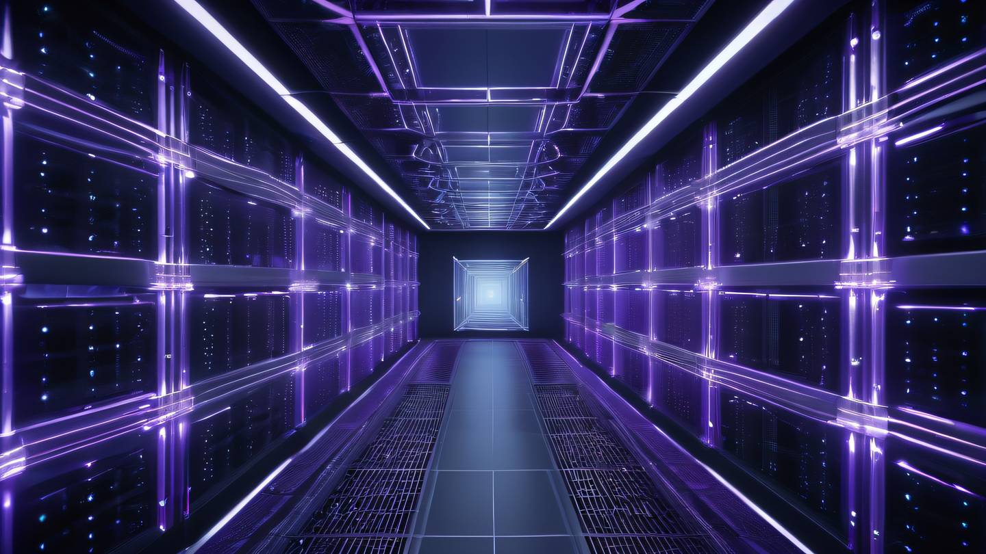 Ethereal data center visualization in space with interconnected nodes glowing in natural silver and purple hues featuring geometric patterns and energy flows high-quality ultra-realistic cinematic 8K UHD high resolution sharp and detail
