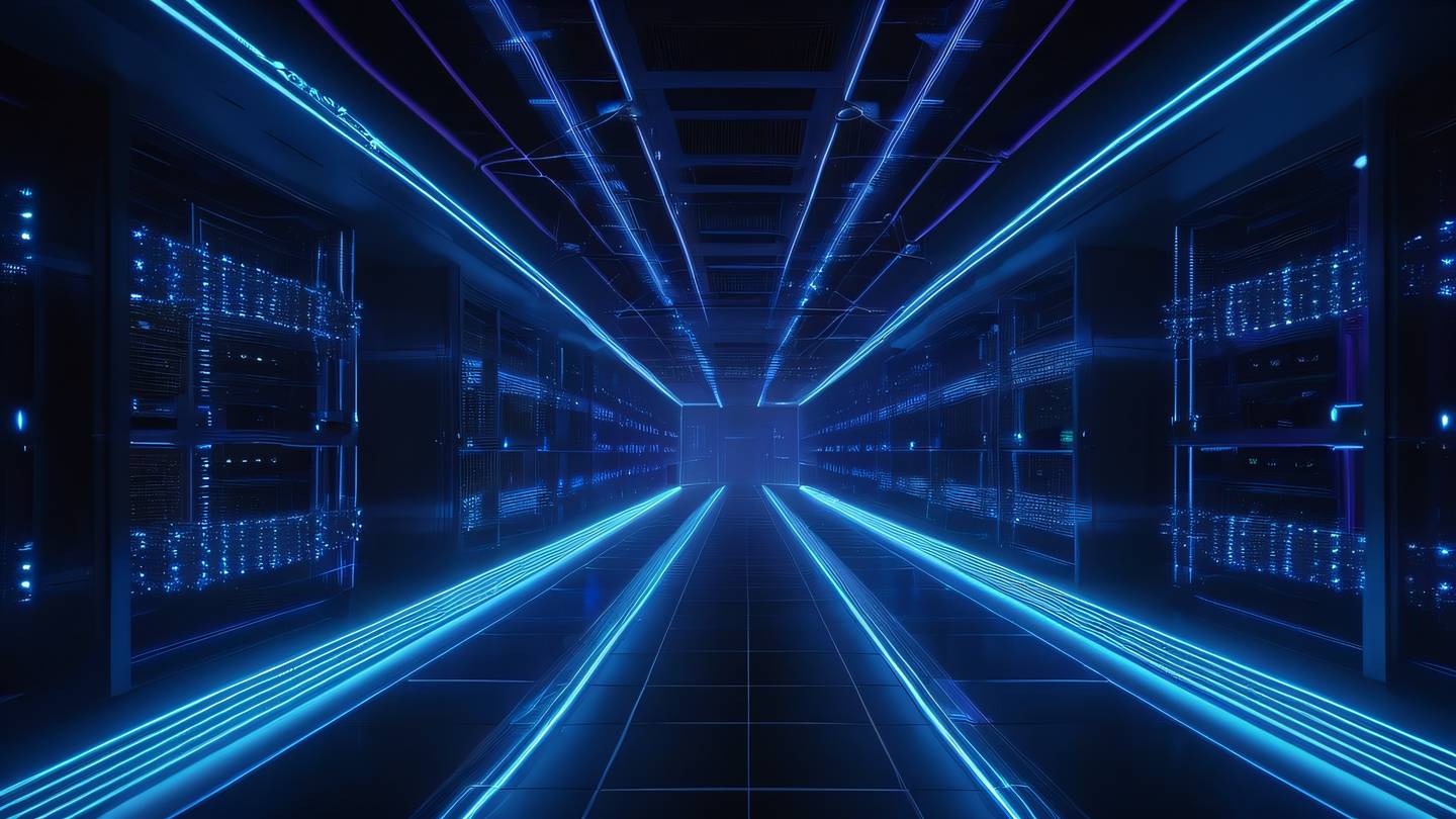 A futuristic data center visualization with glowing blue and purple interconnected nodes floating in a dark space network paths illuminated with bright neon colors flowing between connection points ultra-realistic cinematic 8K UHD high resolution sharp and detail