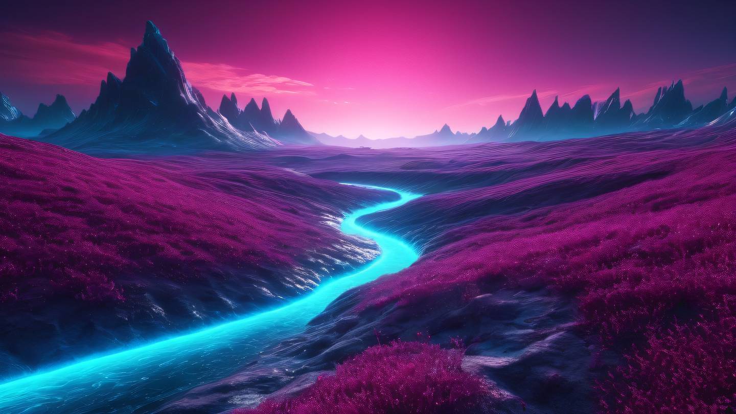 Abstract digital landscape with flowing streams of bright cyan and magenta light creating paths through crystalline structures against a deep purple horizon high-quality ultra-realistic cinematic 8K UHD high resolution sharp and detail