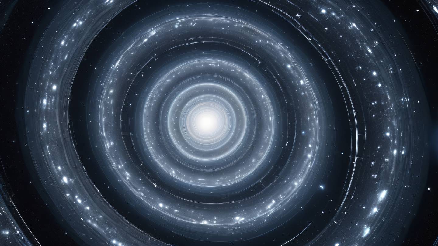 A cosmic scene with bright silver and neutral colored data streams forming a spiral galaxy pattern with geometric shapes and light trails weaving through space high-quality ultra-realistic cinematic 8K UHD high resolution sharp and detail