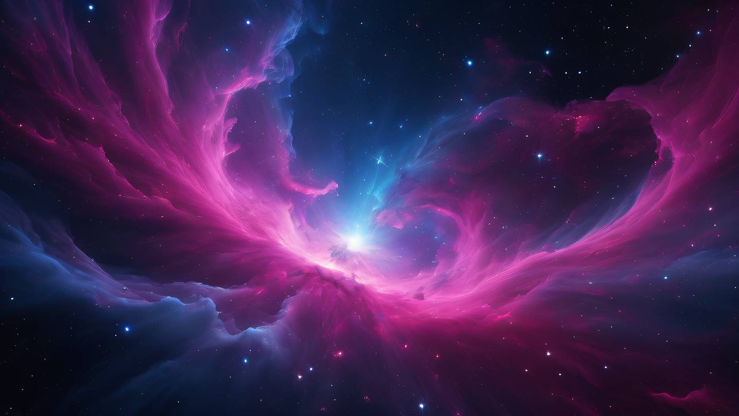 Dynamic nebula cloud formation in bright fuchsia and electric blue colors swirling through space creating ethereal patterns against a dark cosmic background high-quality ultra-realistic cinematic 8K UHD high resolution sharp and detail