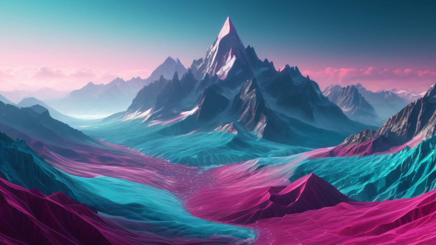 Crystalline mountain range formation with flowing energy streams in bright fuchsia and teal colors showing a majestic landscape with geometric patterns high-quality ultra-realistic cinematic 8K UHD high resolution sharp and detail