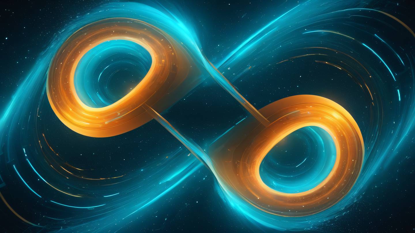 A conceptual digital painting of two intertwining paths merging together representing testing convergence with vibrant cyan and amber gradients flowing through the scene abstract geometric shapes floating in space high-quality ultra-realistic cinematic 8K UHD high resolution sharp and detail
