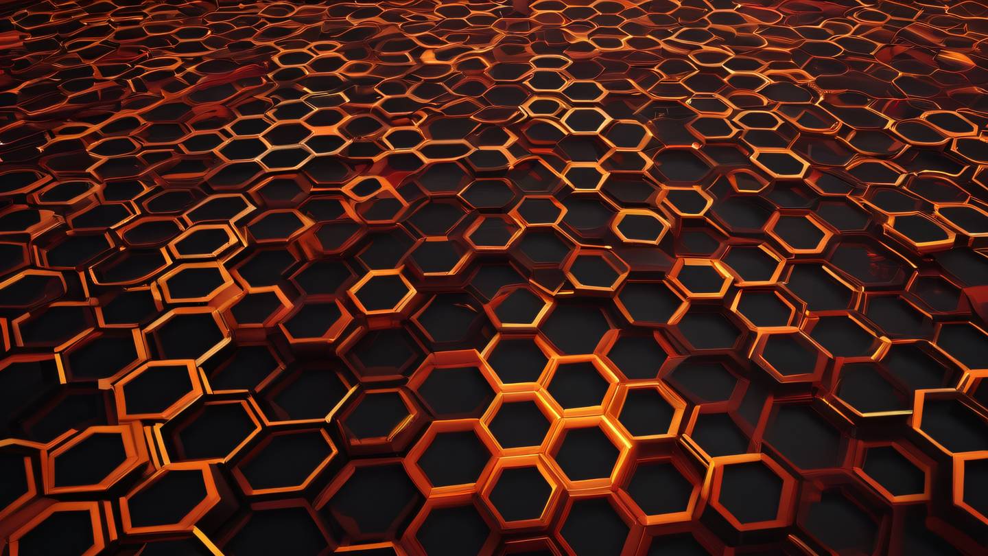 Abstract geometric pattern with interconnected hexagons and lines flowing with warm red and amber colors representing code structure and testing patterns aerial view perspective high-quality ultra-realistic cinematic 8K UHD high resolution sharp and detail
