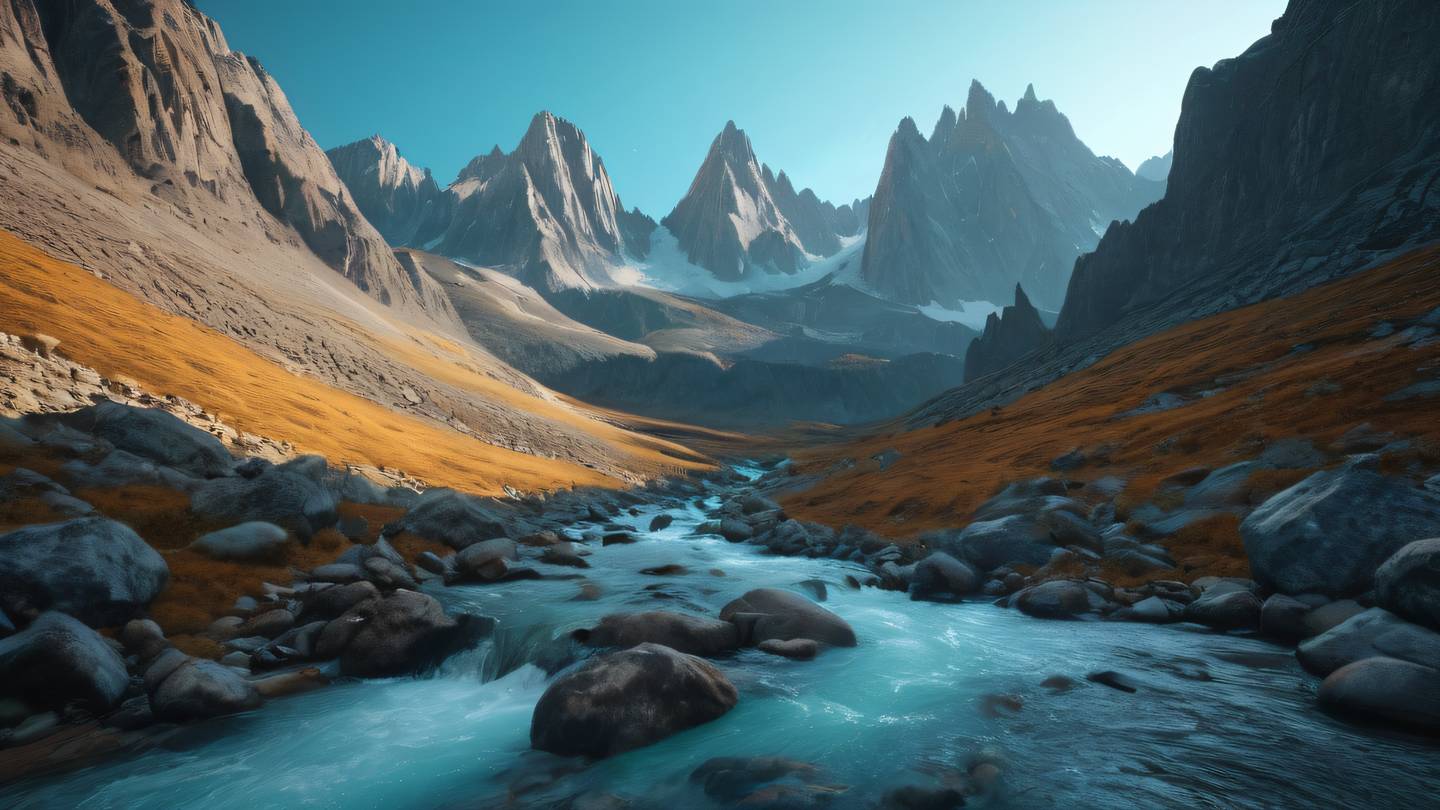 A rocky mountain landscape with flowing streams of cyan and amber light weaving through the peaks representing different testing paths and choices high-quality ultra-realistic cinematic 8K UHD high resolution sharp and detail