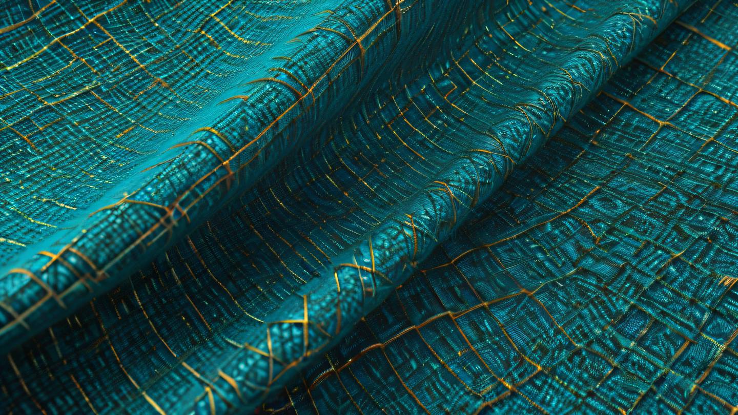 Abstract fabric texture with interweaving patterns in bright cyan and warm amber tones creating a harmonious blend representing the fusion of testing methodologies high-quality ultra-realistic cinematic 8K UHD high resolution sharp and detail