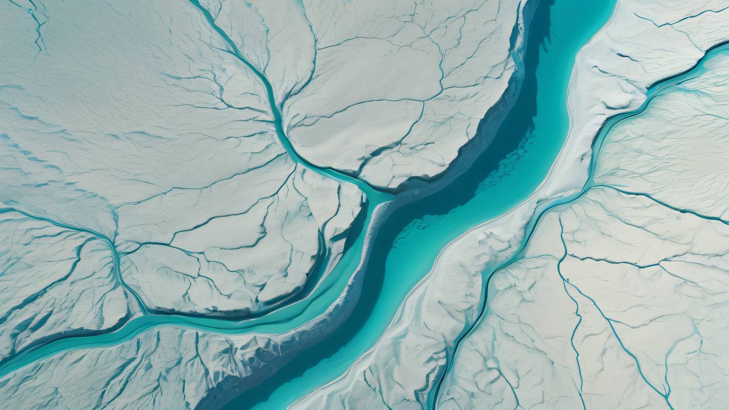 Aerial view of meandering rivers in bright teal and cyan colors meeting in a delta pattern against a creamy white landscape symbolizing the flow of debugging processes high-quality ultra-realistic cinematic 8K UHD high resolution sharp and detail