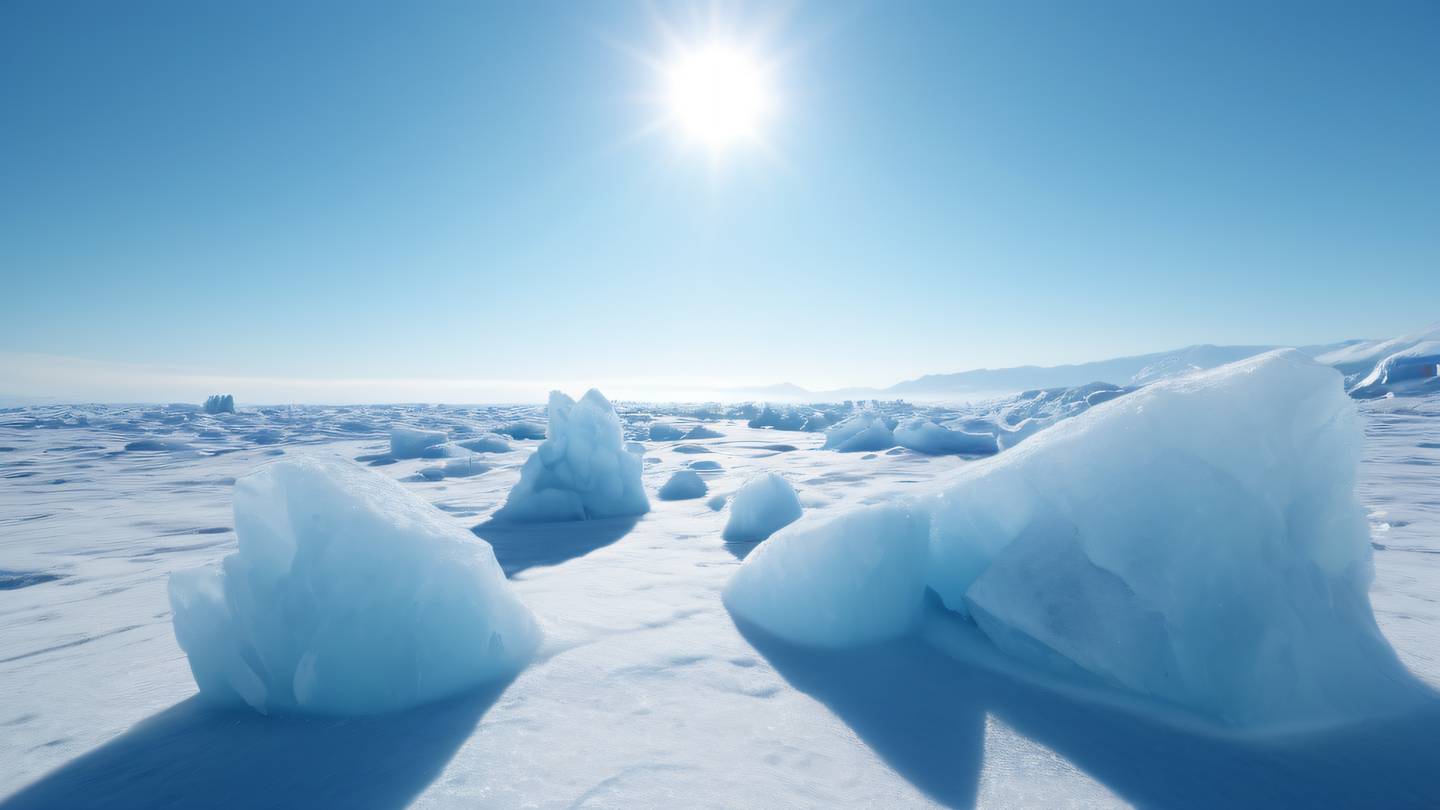 A minimalist landscape of geometric ice formations against a bright sky with crystal-clear structures in cool blues and whites creating a sense of pure organization and clarity high-quality ultra-realistic cinematic 8K UHD high resolution sharp and detail