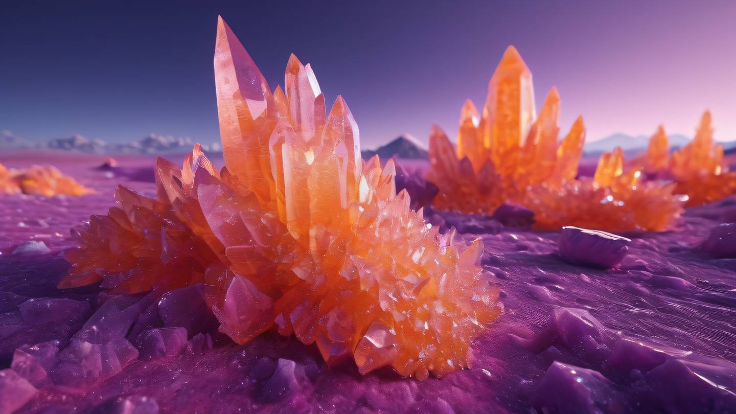 Crystal formations with geometric patterns in bright orange and pink scattered across a purple crystalline landscape high-quality ultra-realistic cinematic 8K UHD high resolution sharp and detail