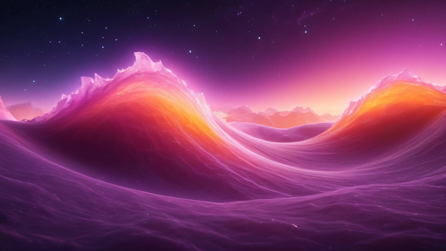 Ethereal aurora-like waves of pink and orange light dancing across a purple cosmic backdrop with crystalline structures floating in space high-quality ultra-realistic cinematic 8K UHD high resolution sharp and detail