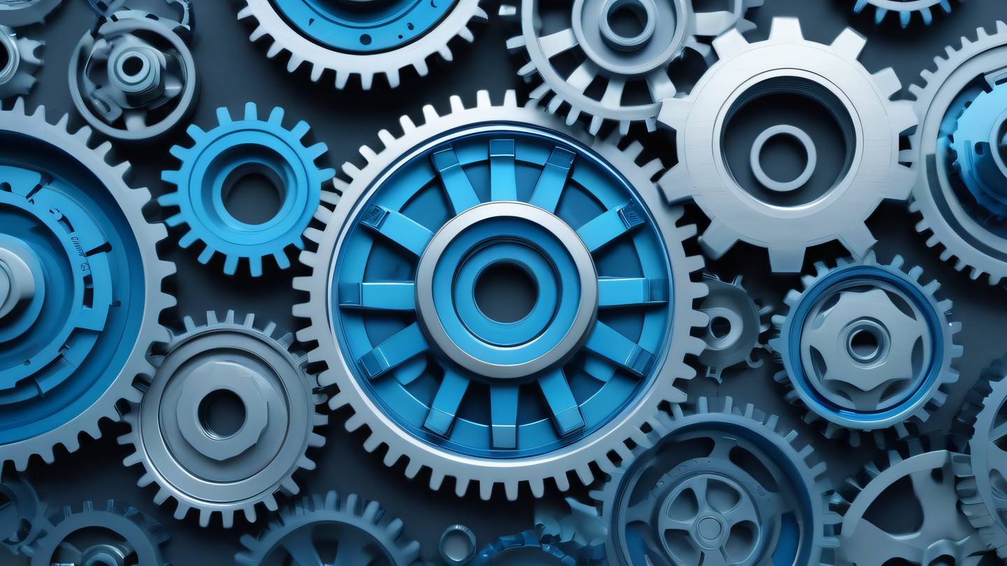 A minimalist abstract representation of interlocking gears and mechanical components in bright blue and silver tones featuring sharp geometric patterns and clean lines viewed from a top-down perspective high-quality ultra-realistic cinematic 8K UHD high resolution sharp and detail