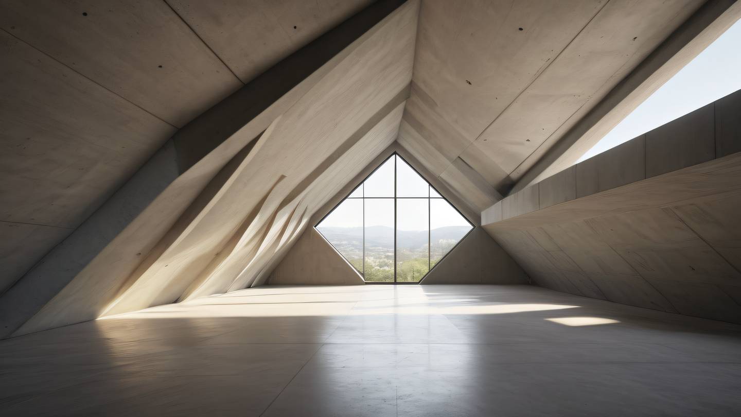Modern concrete interior with sharp angles and geometric patterns featuring amber and warm neutral tones natural light streaming through skylights photographed from a low angle perspective high-quality ultra-realistic cinematic 8K UHD high resolution sharp and detail