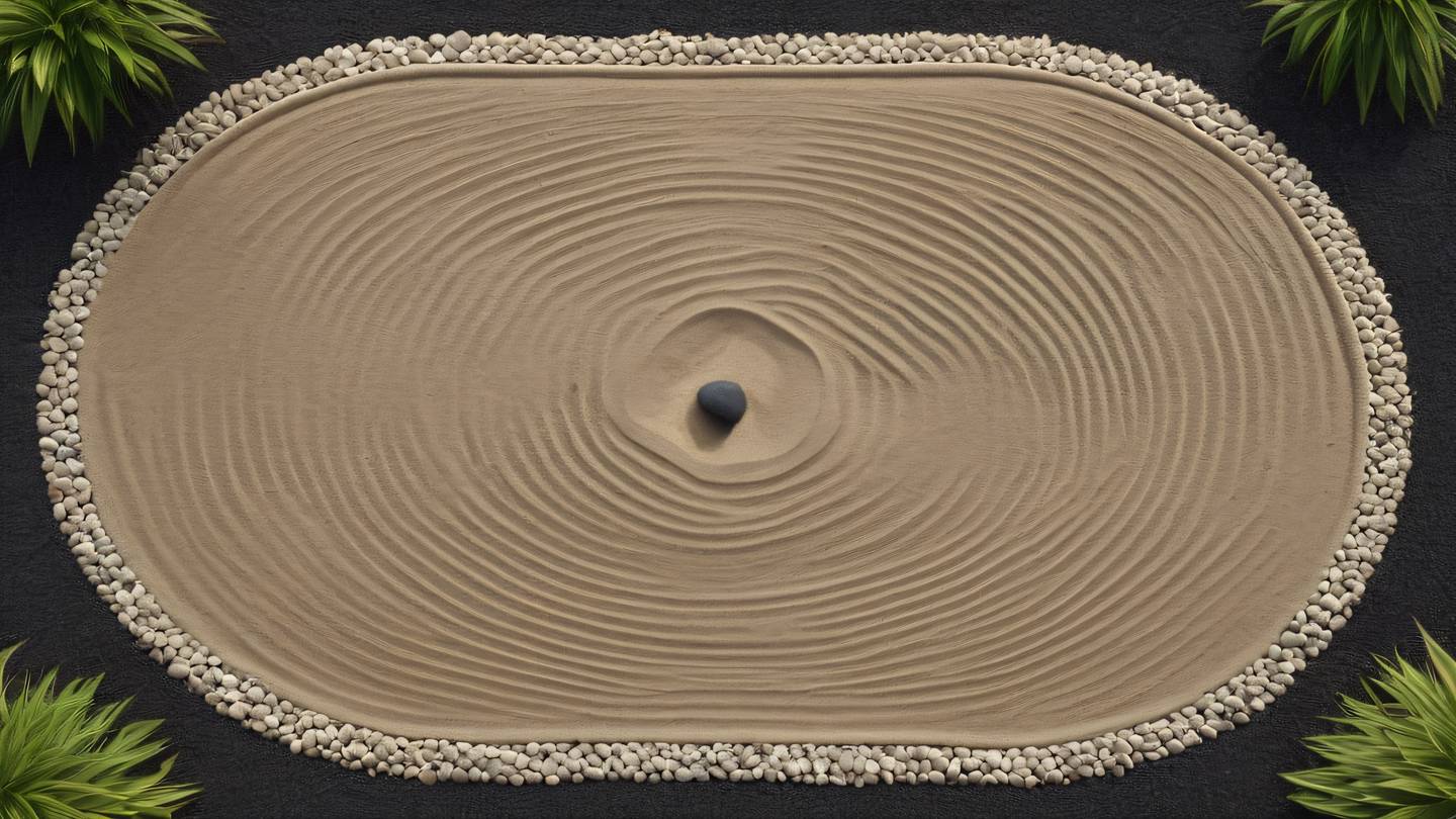 A zen garden with perfectly raked sand patterns featuring black stones and neutral colored gravel creating geometric patterns and clean lines shot from a bird's eye view high-quality ultra-realistic cinematic 8K UHD high resolution sharp and detail