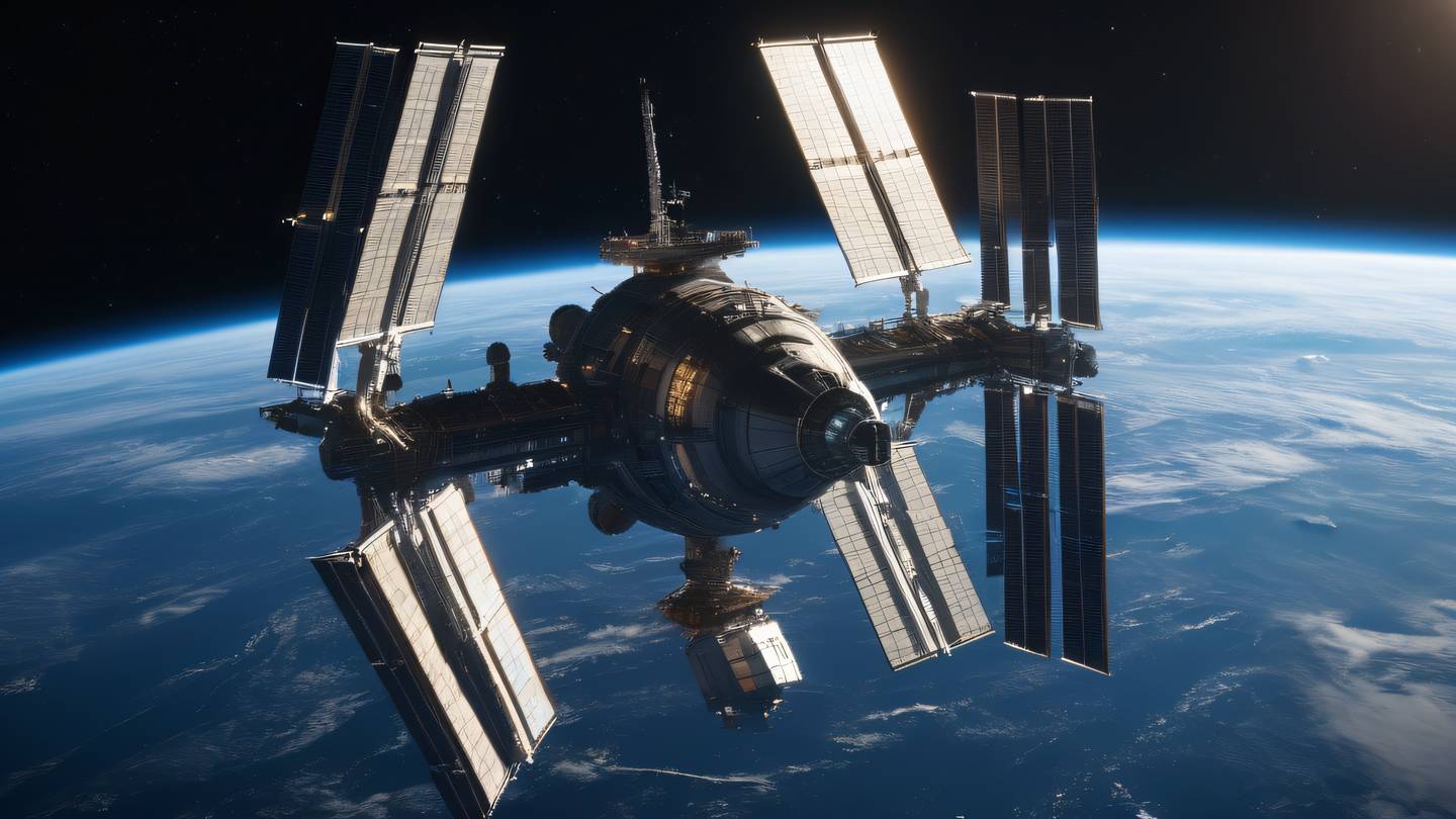 A majestic space station floating in deep space with Earth visible in the background bathed in natural sunlight with iridescent metallic surfaces reflecting light captured from a low angle perspective high-quality ultra-realistic cinematic 8K UHD high resolution sharp and detail