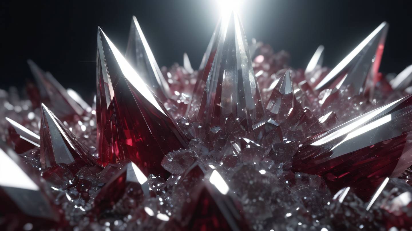 Elegant light rays piercing through geometric crystal formations in bright silver and maroon colors viewed from a diagonal angle high-quality ultra-realistic cinematic 8K UHD high resolution sharp and detail