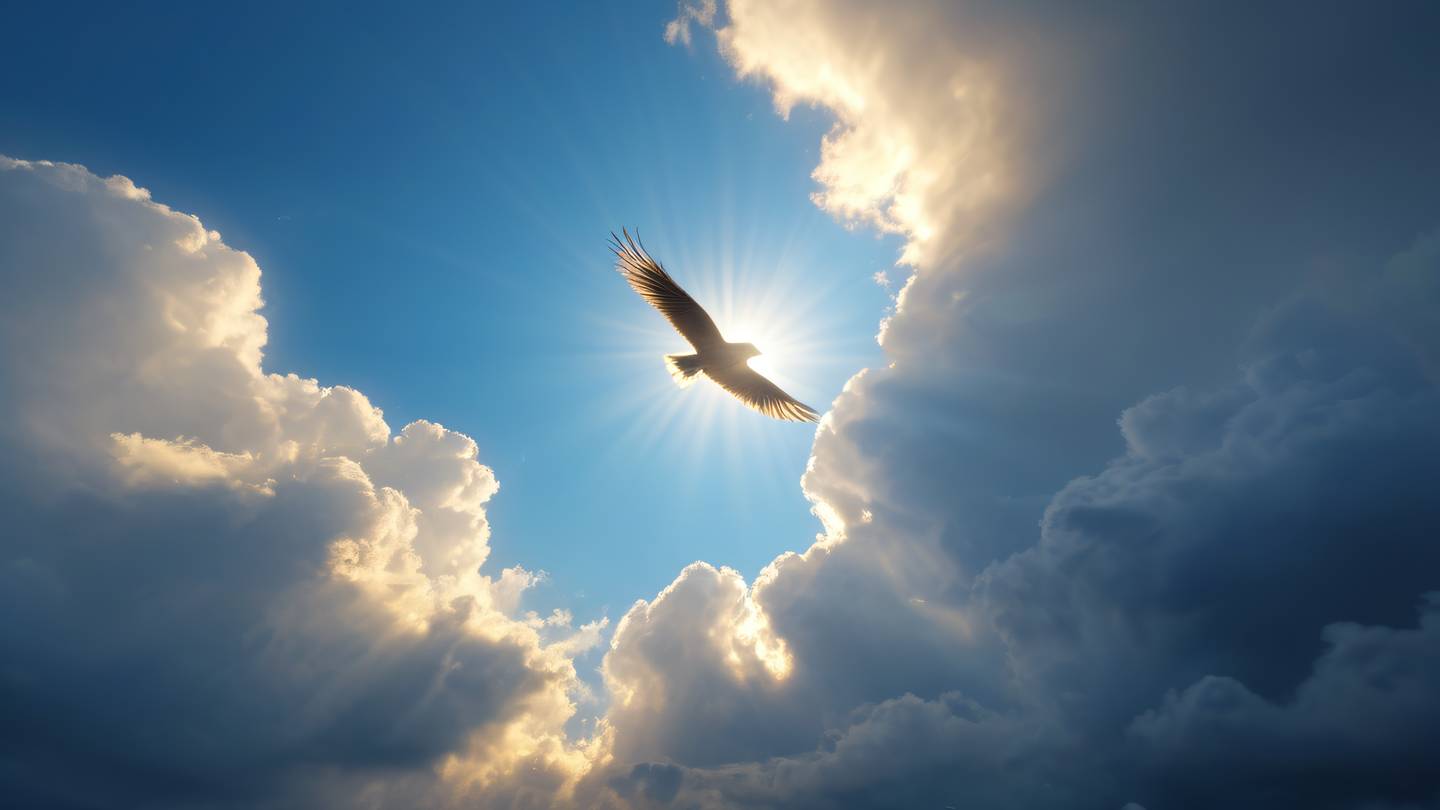 A bird soaring through dramatic clouds with rays of sunlight in natural golden and bright blue colors captured from a slight upward angle high-quality ultra-realistic cinematic 8K UHD high resolution sharp and detail