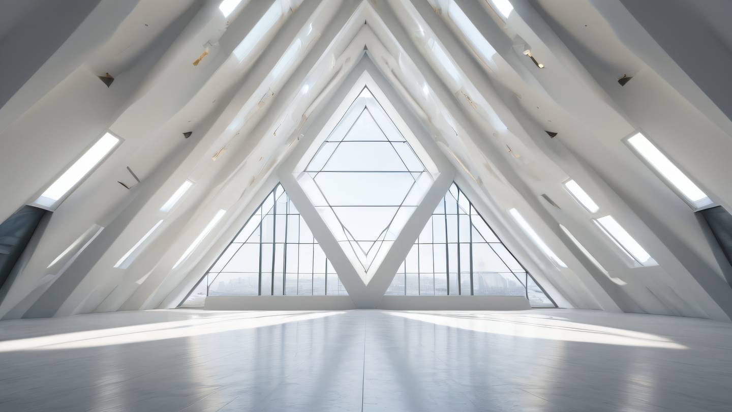 Rays of bright white light streaming through geometric windows into an empty modern architectural space with clean lines and golden accents ultra-realistic cinematic 8K UHD high resolution low angle shot looking upward