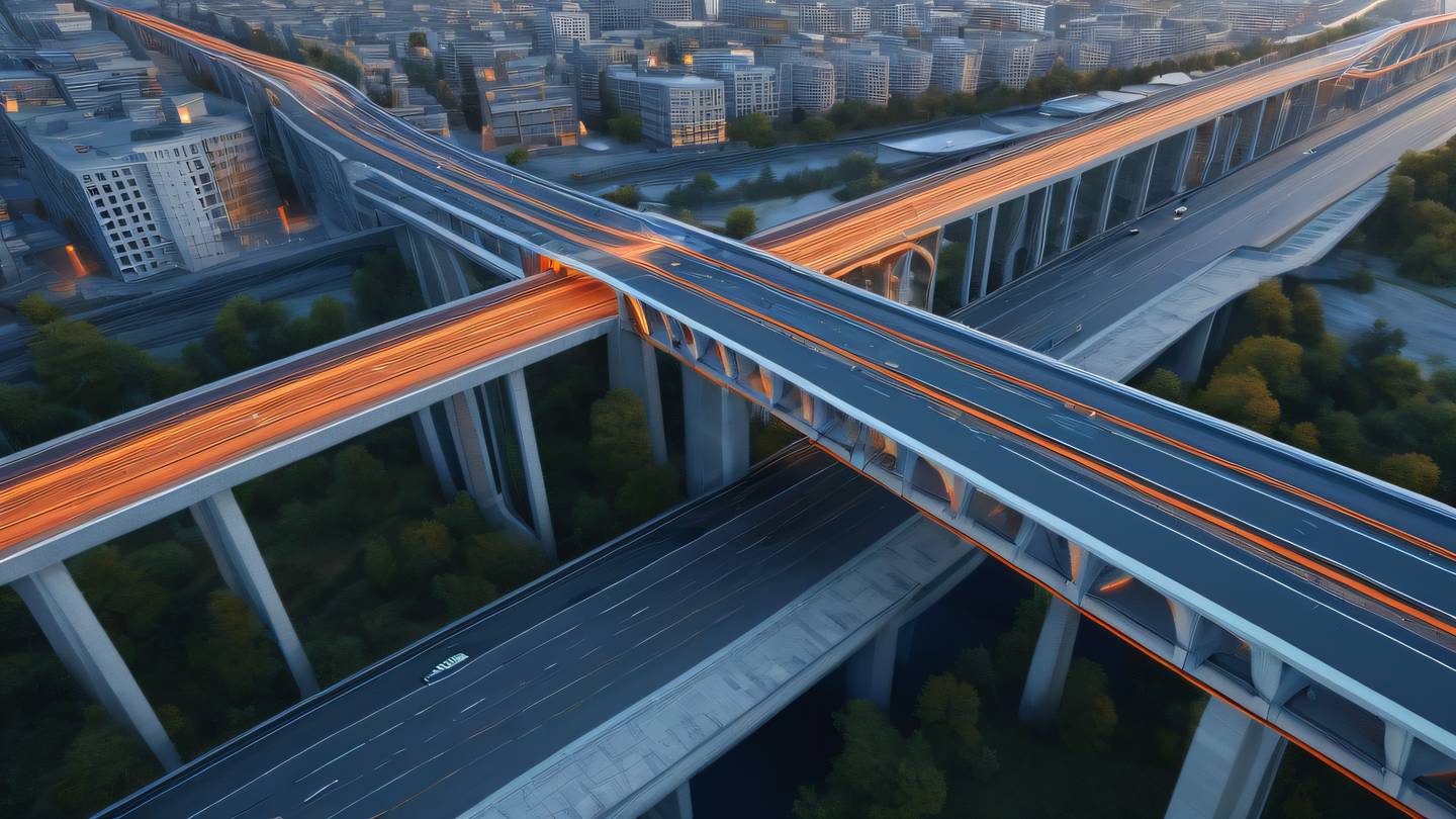 A serene architectural visualization of interconnected geometric pathways and bridges flowing in multiple directions featuring clean lines and modern design dominated by bright orange and cool blue tones shot from an elevated three-quarter view perspective high-quality ultra-realistic cinematic 8K UHD high resolution sharp and detail