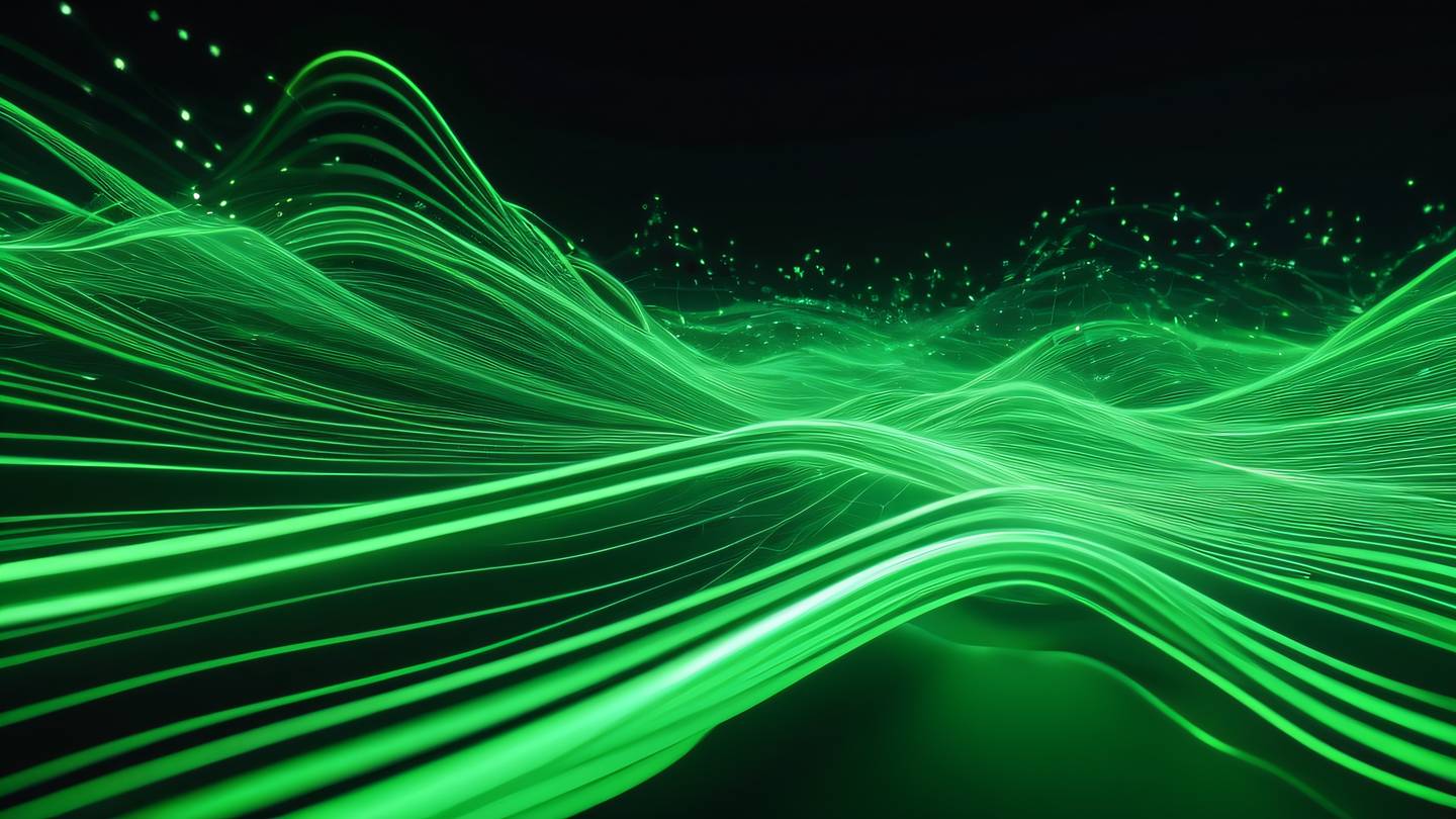 Abstract flowing streams of light representing data flow and communication with bright neon green and off-white colors interweaving in a dynamic pattern captured from a low-angle perspective high-quality ultra-realistic cinematic 8K UHD high resolution sharp and detail