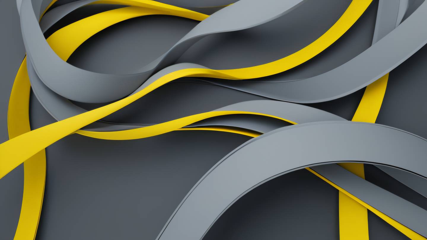 A minimalist composition of flowing ribbons and curved lines representing parallel processes featuring bright yellow and cool grey tones viewed from a bird's eye perspective high-quality ultra-realistic cinematic 8K UHD high resolution sharp and detail