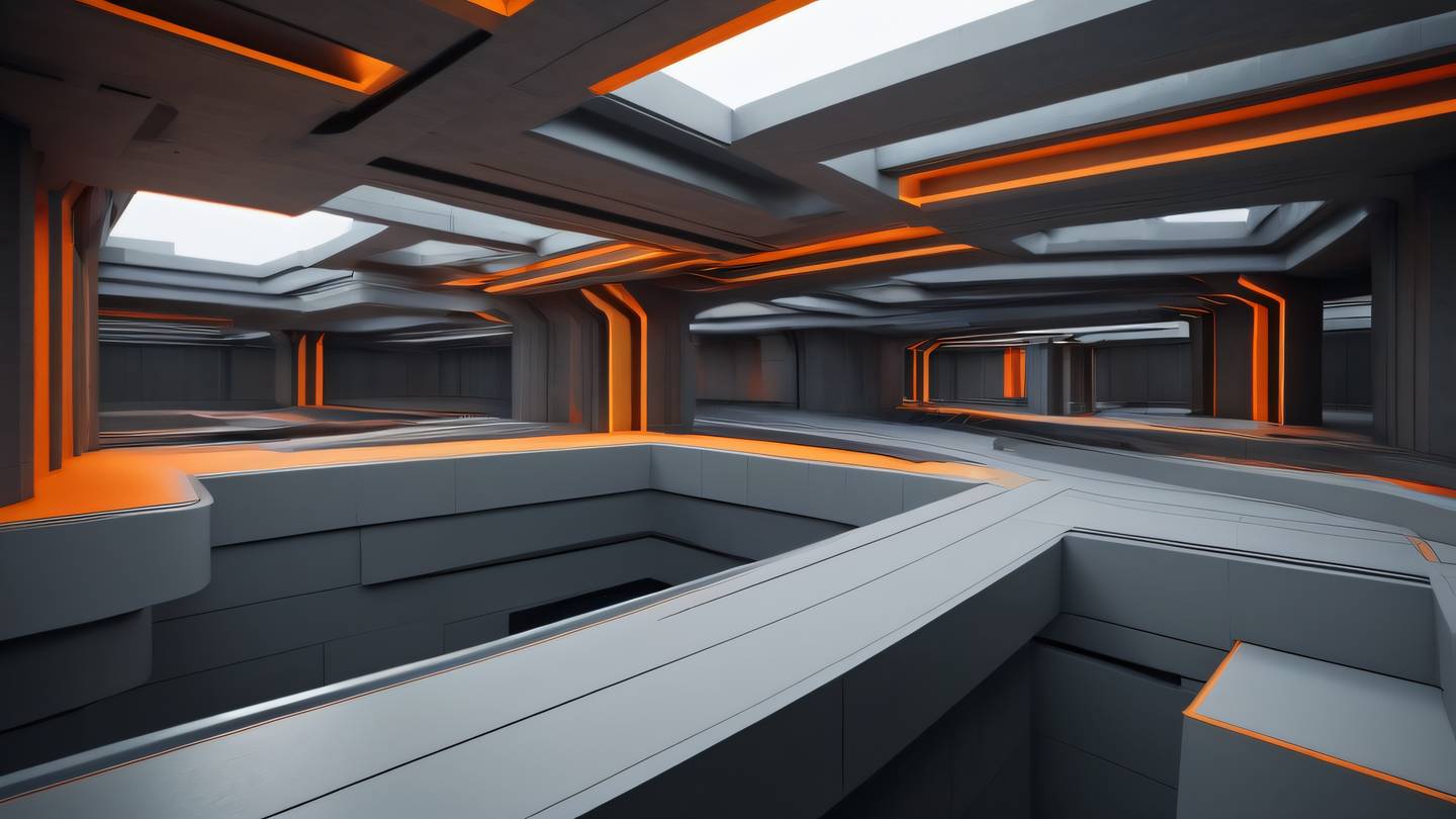 An abstract architectural space showing interconnected geometric shapes and flowing lines with bright orange and modern grey tones creating a sense of movement and harmony captured from a dramatic diagonal view high-quality ultra-realistic cinematic 8K UHD high resolution sharp and detail