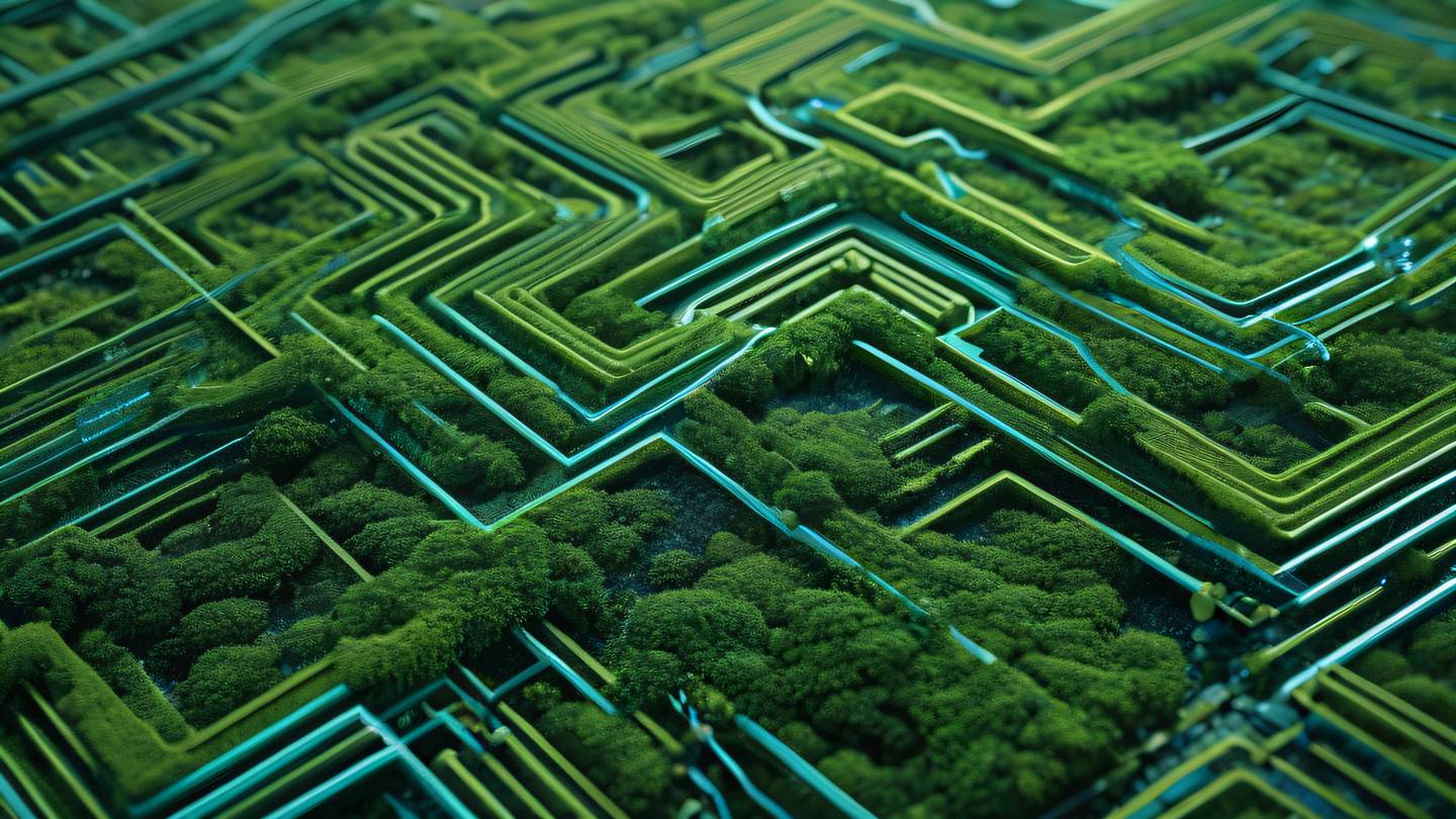 Abstract geometric patterns representing data flow and connectivity featuring turquoise blue and fresh moss green interweaving paths with crystalline structures high-quality ultra-realistic cinematic 8K UHD high resolution sharp and detail camera angle: 45-degree diagonal view