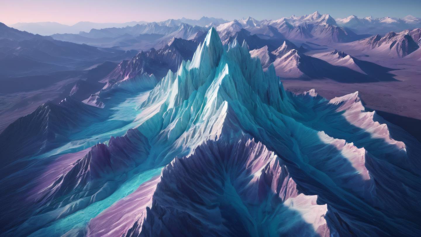 Aerial view of a mountain range with peaks in violet and cyan colors covered in crystalline formations representing hierarchical structures high-quality ultra-realistic cinematic 8K UHD high resolution sharp and detailed