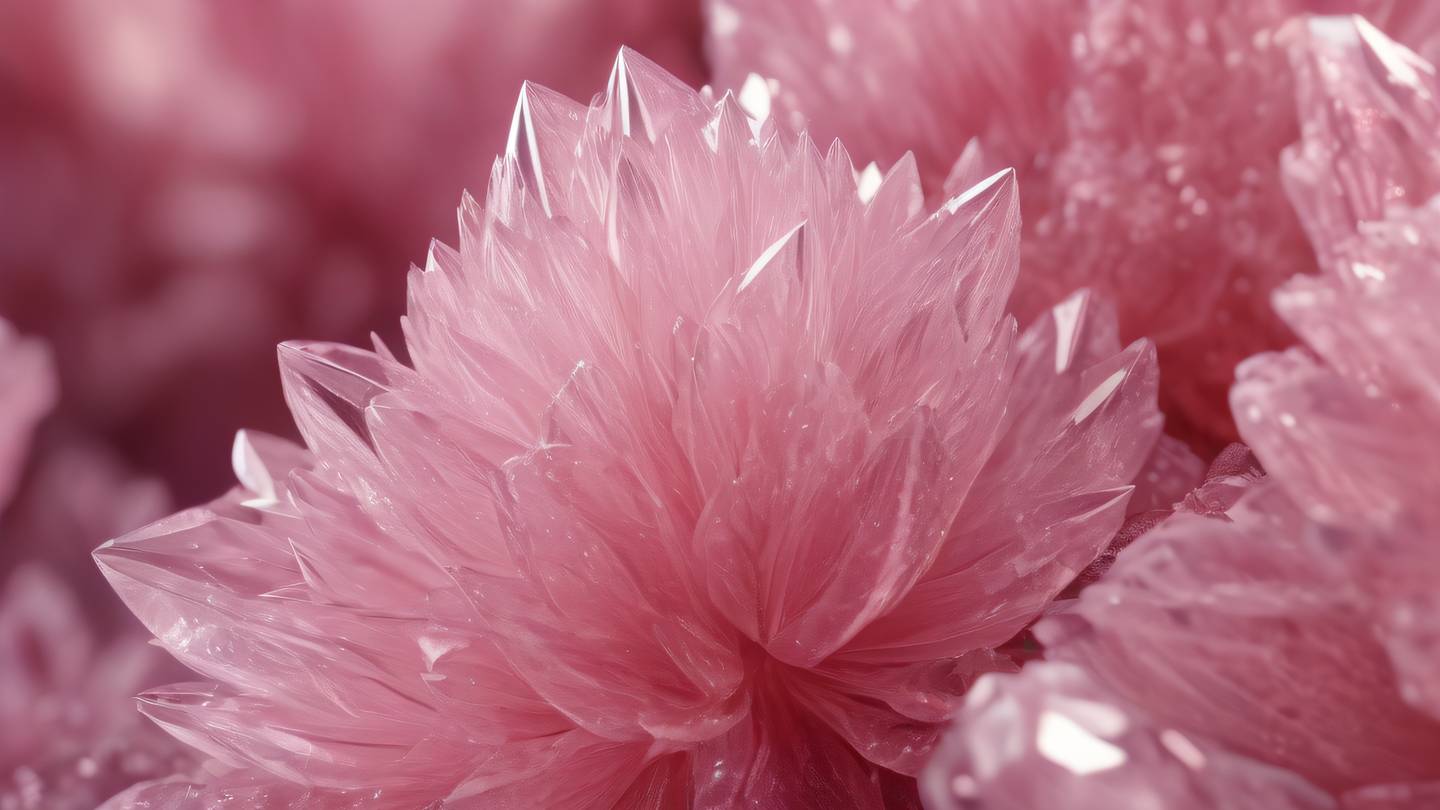 A close-up of crystalline formations in rose and pink colors creating intricate patterns with soft lighting ultra-realistic cinematic 8K UHD high resolution sharp and detailed