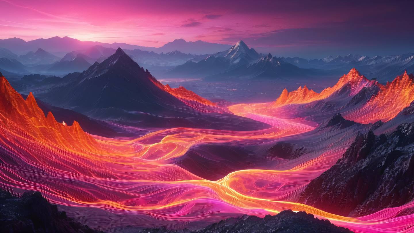 A surreal abstract landscape featuring intertwining streams of bright orange and neon pink data flowing through a crystalline mountain range high-quality ultra-realistic cinematic 8K UHD high resolution sharp and detail
