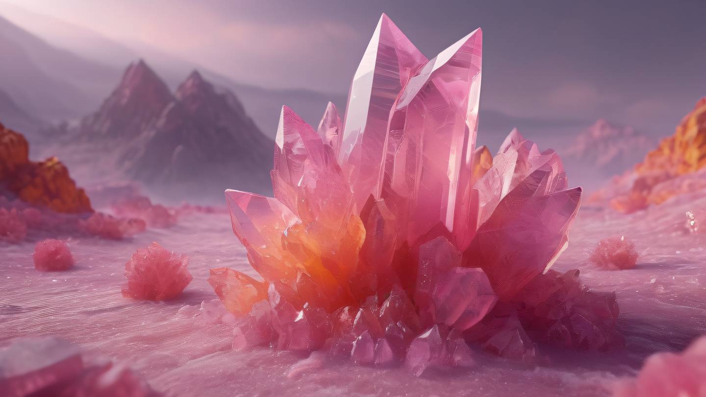 Vibrant crystal formations in shades of pink and orange emerging from a misty landscape with geometric patterns suggesting digital transformation high-quality ultra-realistic cinematic 8K UHD high resolution sharp and detail