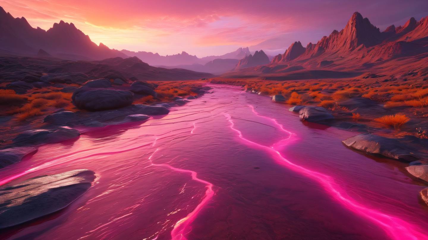 A serene landscape with crystalline formations reflecting warm sunrise colors featuring flowing streams of neon pink and orange light weaving through the terrain high-quality ultra-realistic cinematic 8K UHD high resolution sharp and detail