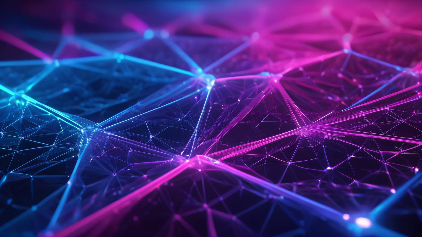 Abstract geometric pattern resembling interconnected configuration nodes bright holographic colors with electric blue and magenta gradients flowing through crystalline structures high-quality ultra-realistic cinematic 8K UHD high resolution sharp and detail