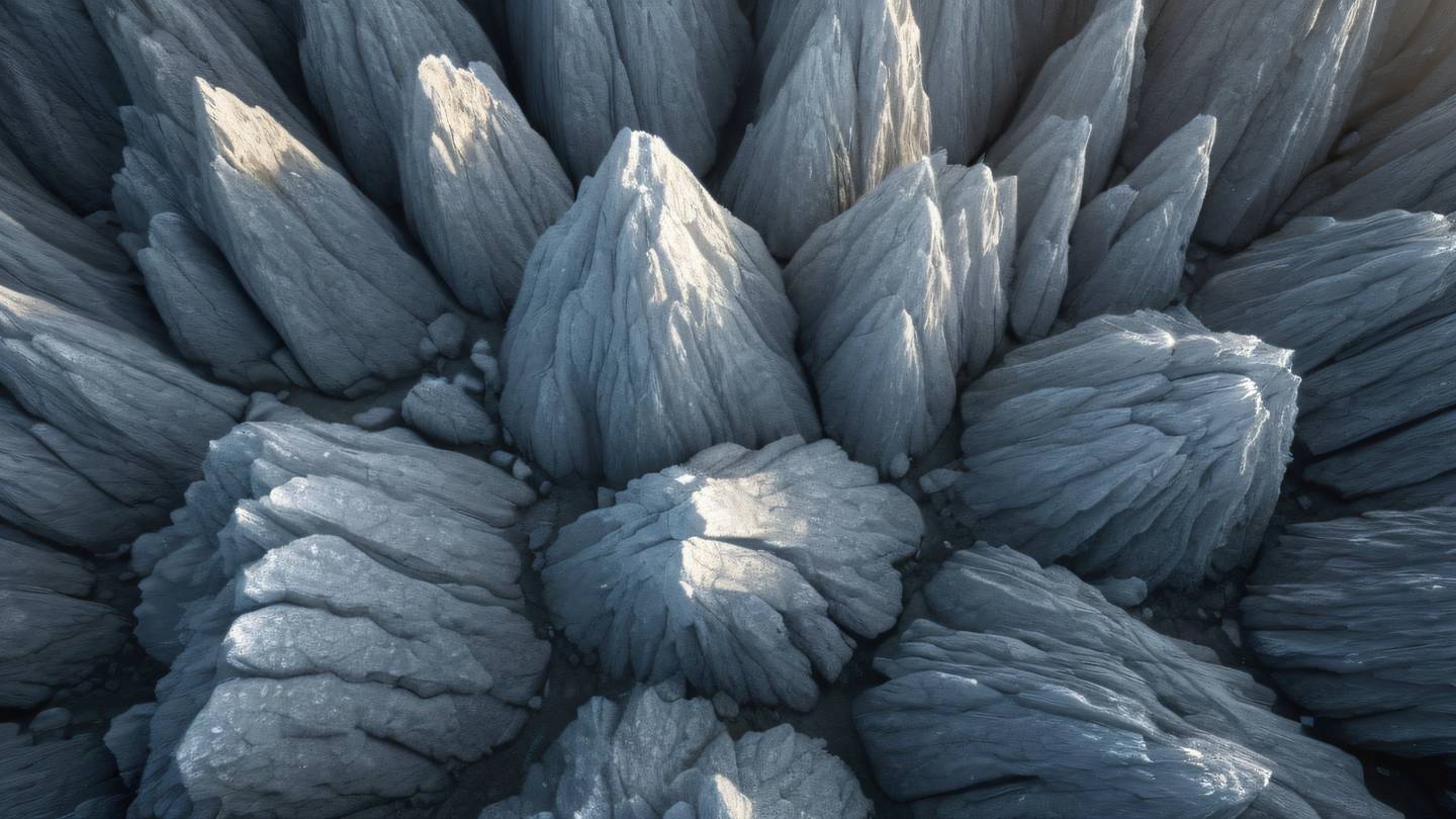 Aerial view of crystalline formations in various shades of stone and gray forming natural geometric patterns with sunlight creating bright highlights high-quality ultra-realistic cinematic 8K UHD high resolution sharp and detail