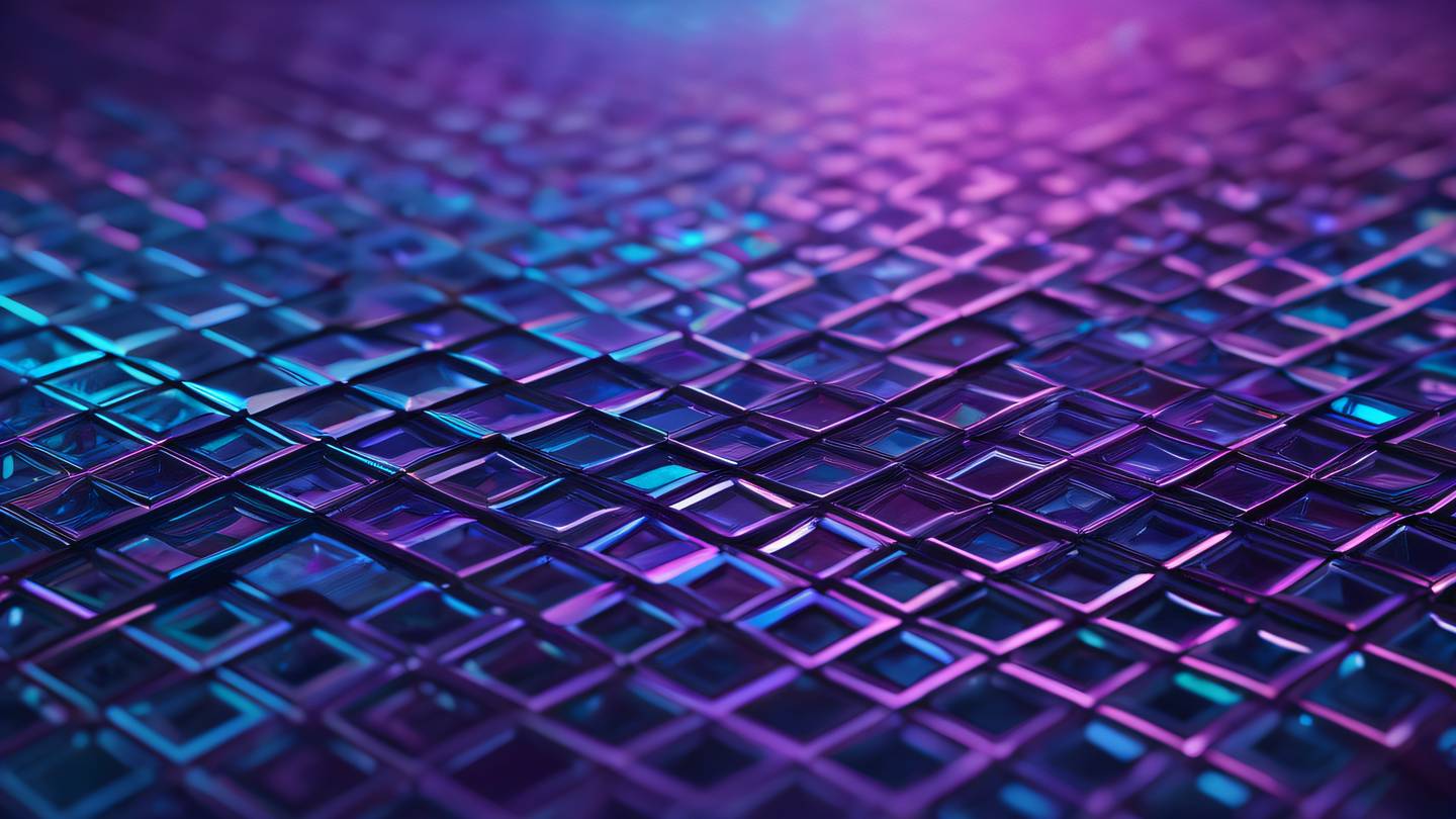 Close-up of multi-layered geometric patterns in bright holographic colors showing depth and dimension with iridescent purples and teals resembling a complex technological lattice high-quality ultra-realistic cinematic 8K UHD high resolution sharp and detail