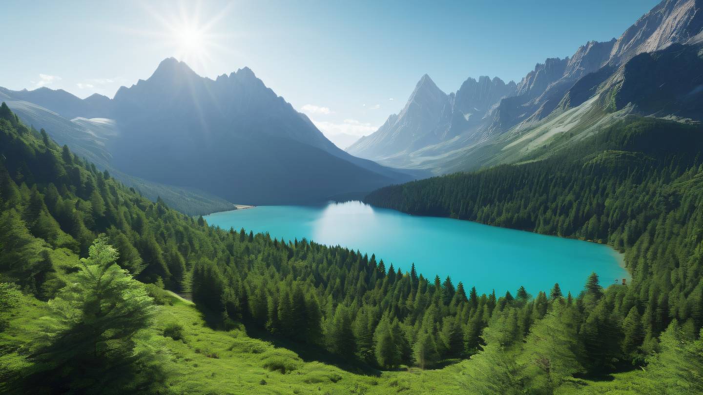A serene mountain landscape with towering peaks covered in lush green vegetation bright sunlight casting dynamic shadows across the slopes featuring vibrant emerald forests and crystal-clear turquoise lakes high-quality ultra-realistic cinematic 8K UHD high resolution sharp and detail