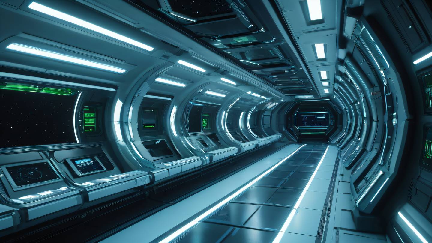 Futuristic space station interior with sleek metallic surfaces reflecting blue and green ambient lighting geometric patterns along curved corridors with large viewing windows showing deep space high-quality ultra-realistic cinematic 8K UHD high resolution sharp and detail