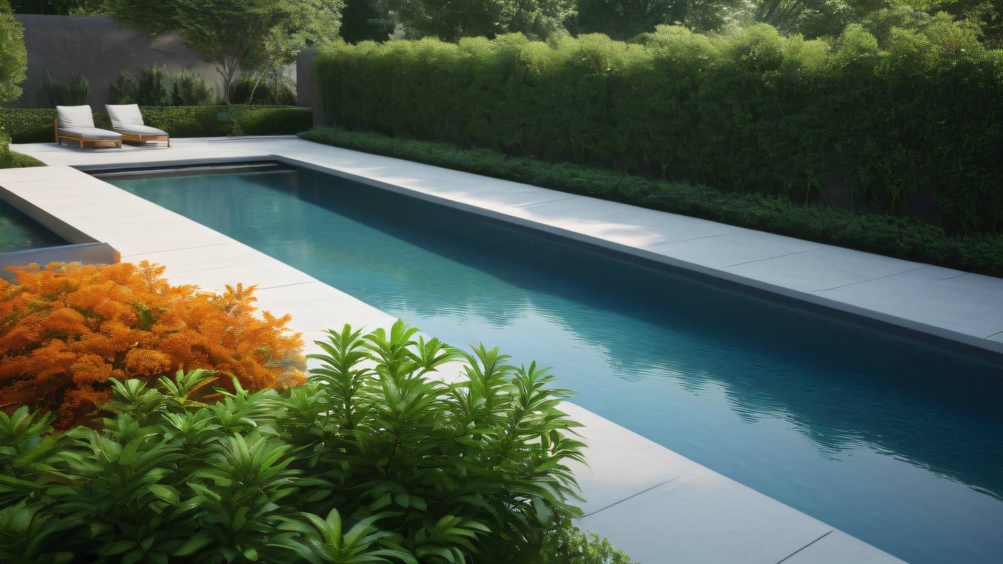 Modern minimalist garden architecture with geometric water features featuring bright orange and green plant life clean lines and reflecting pools with blue water high-quality ultra-realistic cinematic 8K UHD high resolution sharp and detail