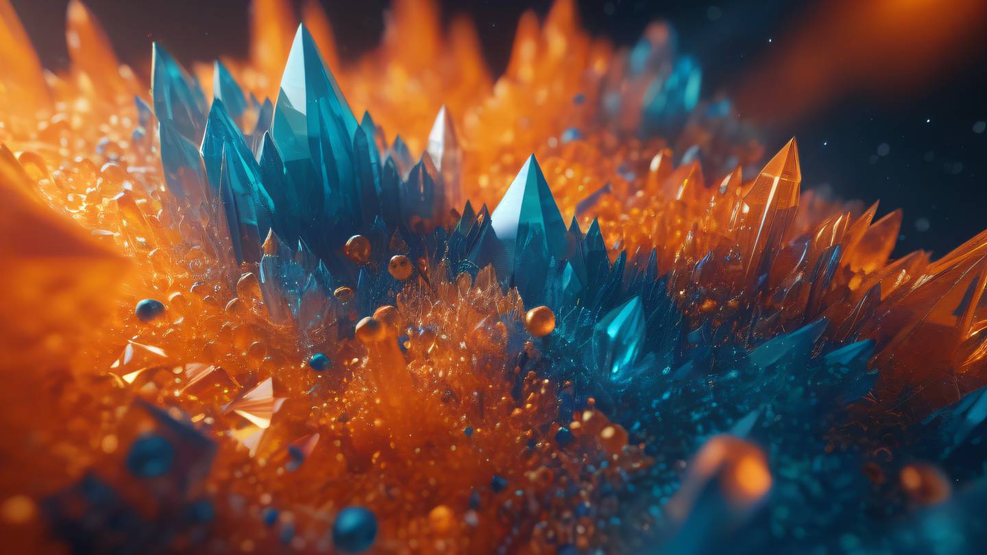 Abstract geometric composition with floating crystalline structures in bright orange and blue hues intricate patterns merging with smooth gradients cosmic atmosphere with green accents high-quality ultra-realistic cinematic 8K UHD high resolution sharp and detail