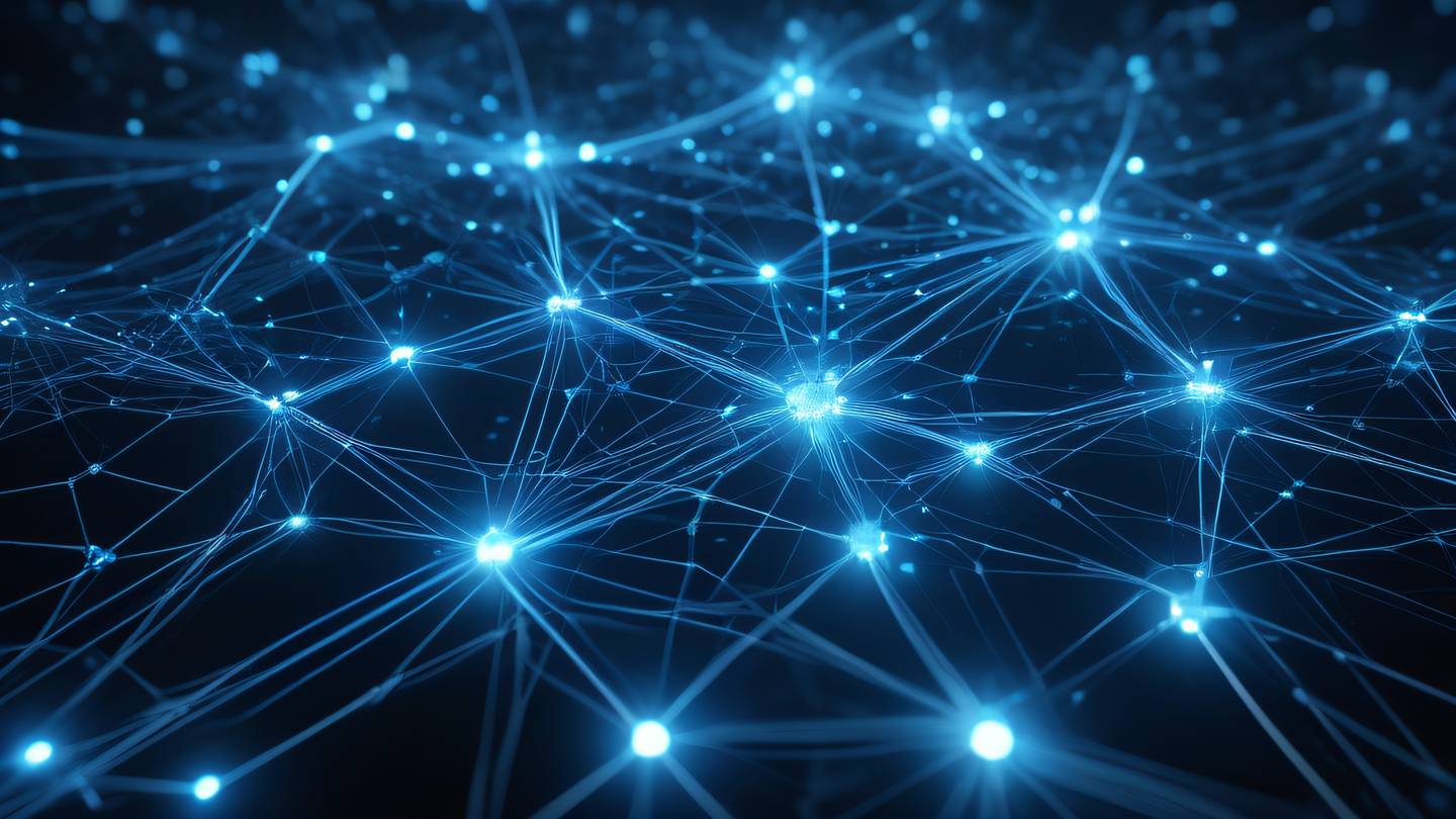 A futuristic network hub visualization with glowing interconnected nodes and pathways electric blue and silver energy streams flowing between connection points geometric patterns ultra-realistic cinematic 8K UHD high resolution sharp and detail