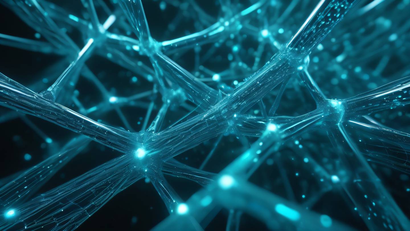 Abstract technological mesh network with vibrant cyan and silver particles flowing through transparent tubes creating a sense of data movement and connectivity crystal clear details ultra-realistic cinematic 8K UHD high resolution