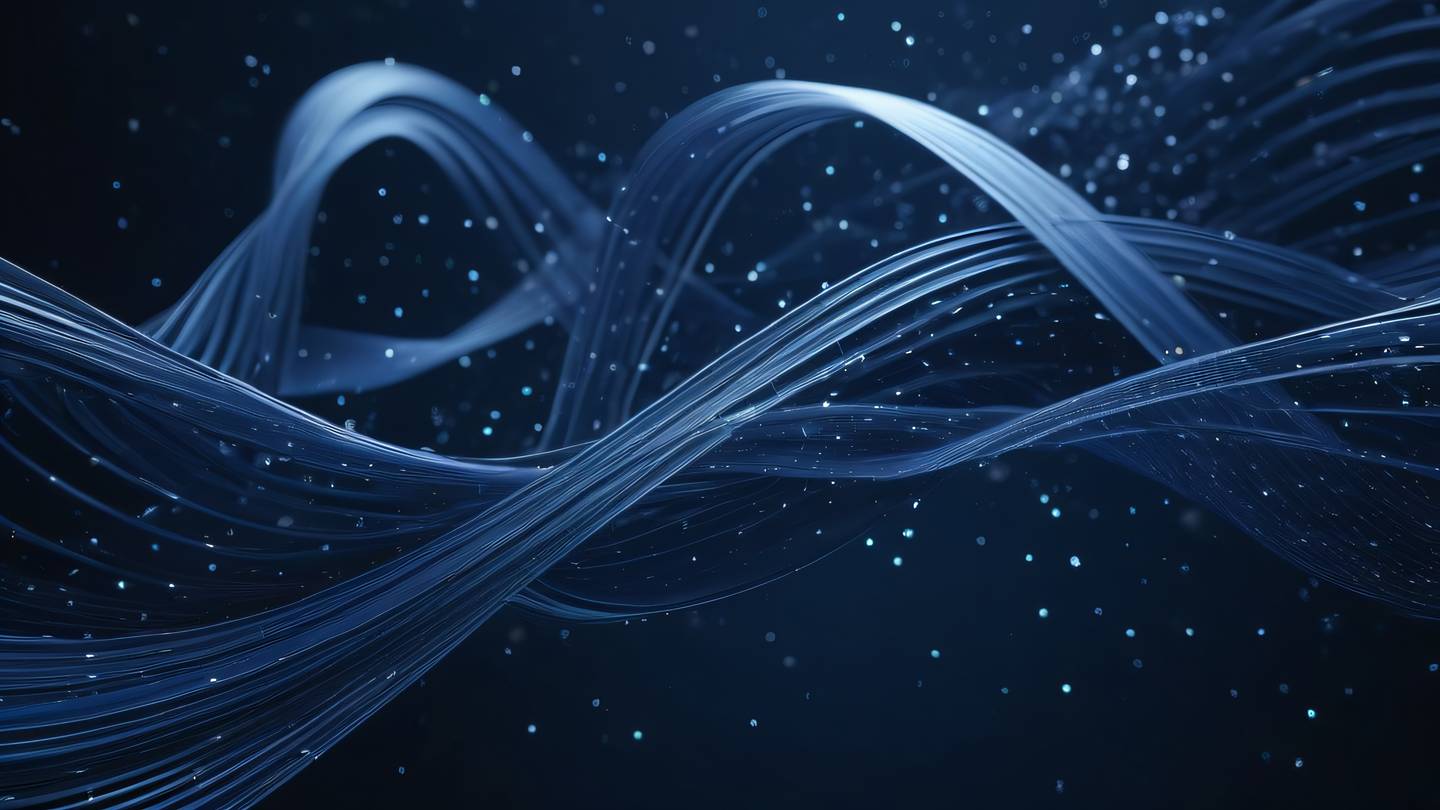 A dynamic abstract representation of data streams in motion featuring luminous navy blue and silver ribbons interweaving through a minimal space background particles floating in synchronized patterns ultra-realistic cinematic 8K UHD high resolution sharp and detail