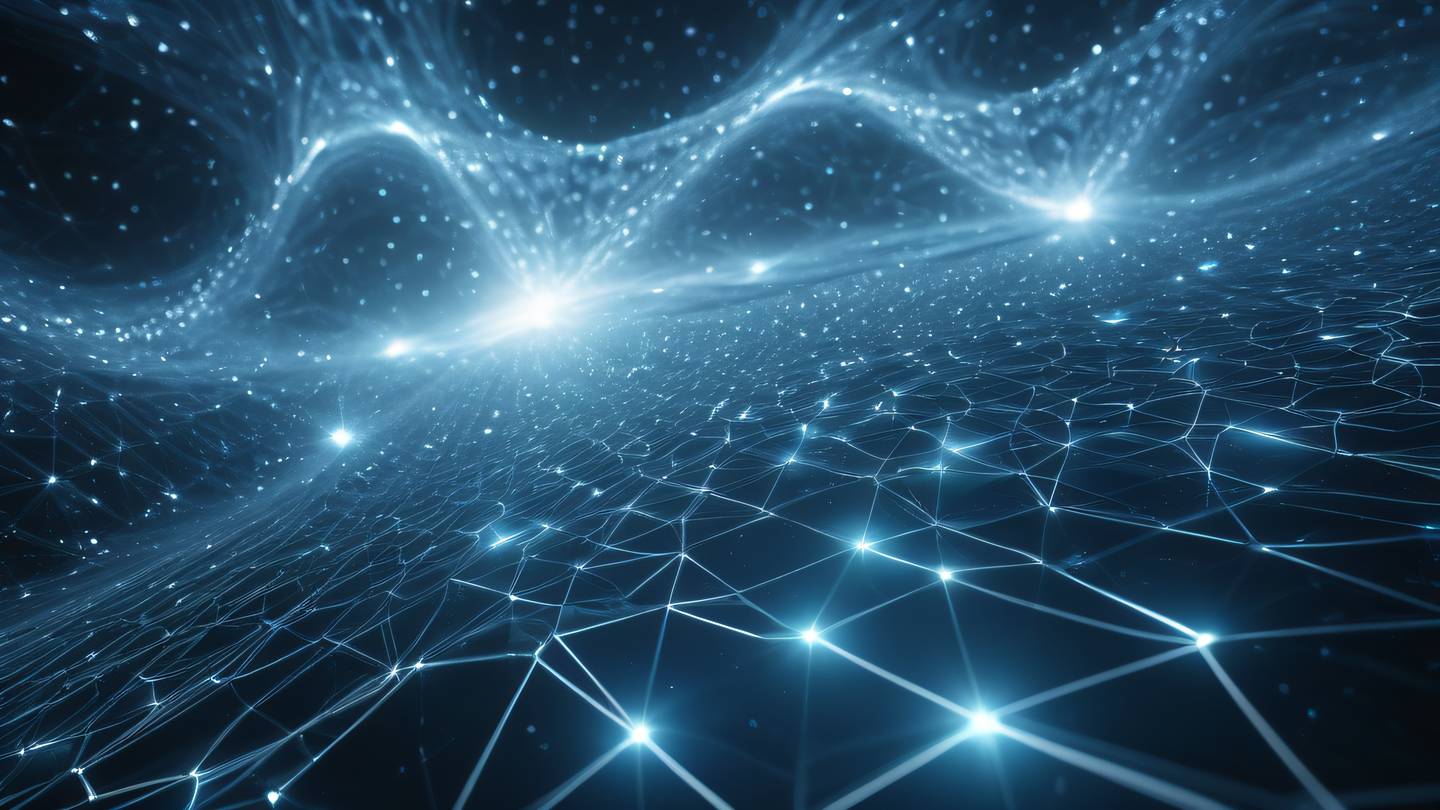 Abstract technological nebula with bright silver and pale blue energy waves flowing through a geometric grid structure creating a sense of infinite scale and connectivity ultra-realistic cinematic 8K UHD high resolution sharp and detail