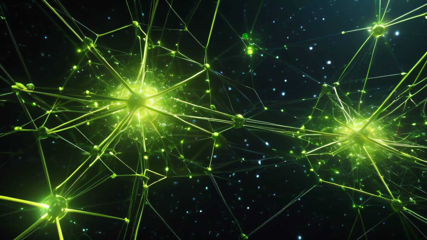 A futuristic network of glowing interconnected nodes floating in space with bright lime and gold energy streams flowing between nodes ultra-realistic cinematic 8K UHD high resolution sharp and detail