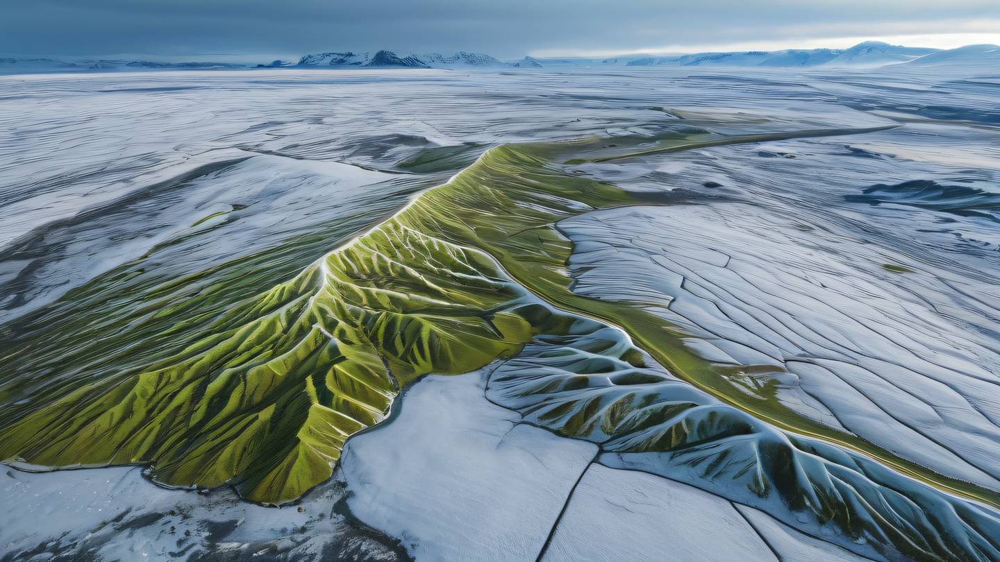 Aerial view of an iceland landscape with geometric patterns overlaid featuring lime and gold crystalline structures emerging from snow-covered terrain high-quality ultra-realistic cinematic 8K UHD high resolution sharp and detail