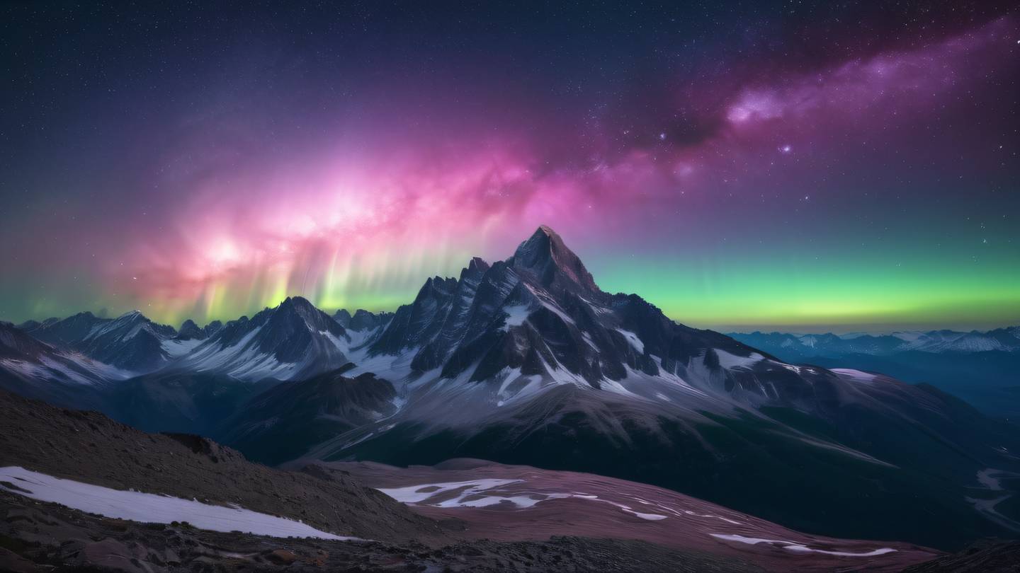 A majestic rocky mountain range under a cosmic sky with geometric pink and lime auroras dancing above the peaks high-quality ultra-realistic cinematic 8K UHD high resolution sharp and detail