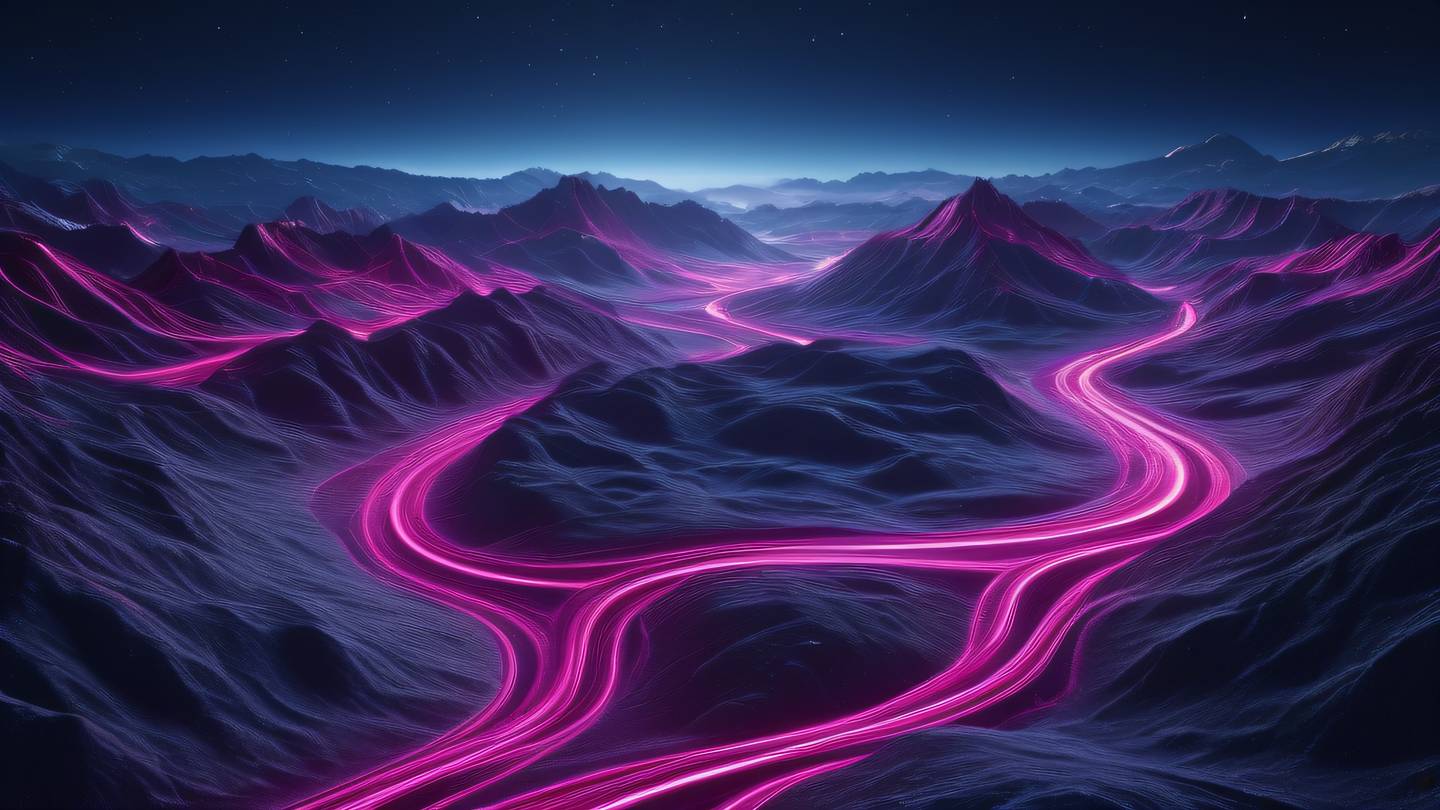 Abstract digital landscape with flowing energy streams in bright fuchsia and navy creating a network of interconnected paths across a shimmering silver terrain high-quality ultra-realistic cinematic 8K UHD high resolution sharp and detail