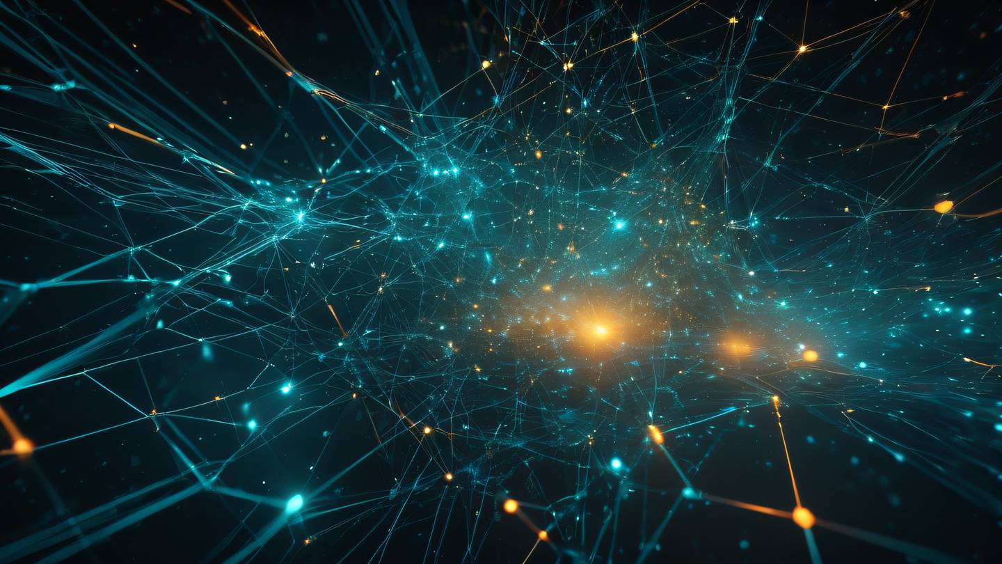Abstract geometric network connections floating in space with bright cyan and amber light streams flowing through crystalline nodes illuminating the dark void high-quality ultra-realistic cinematic 8K UHD high resolution sharp and detail