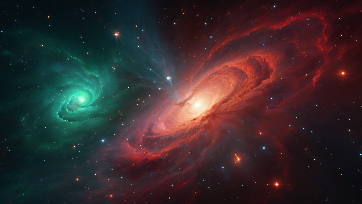 Cosmic nebula scene with swirling patterns of bright red and green energy streams merging together in deep space creating a mesmerizing display of colors and light high-quality ultra-realistic cinematic 8K UHD high resolution sharp and detail