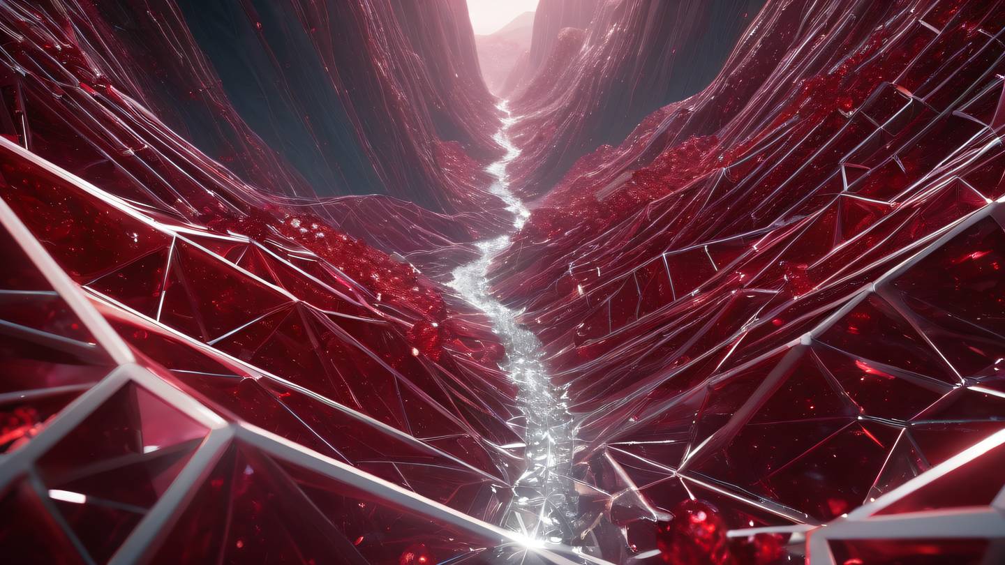 Abstract digital landscape with interconnected geometric shapes featuring ruby red crystalline structures and metallic silver pathways flowing through a dynamic space representing data flow high-quality ultra-realistic cinematic 8K UHD high resolution sharp and detail